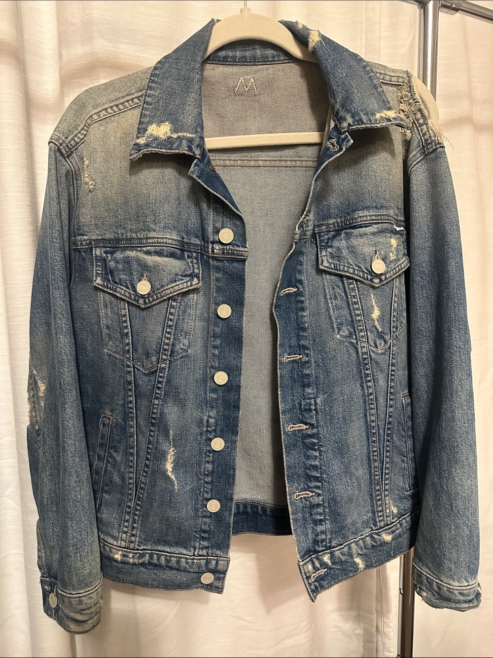 The Drifter MOTHER Distressed Light Blue Denim Jacket